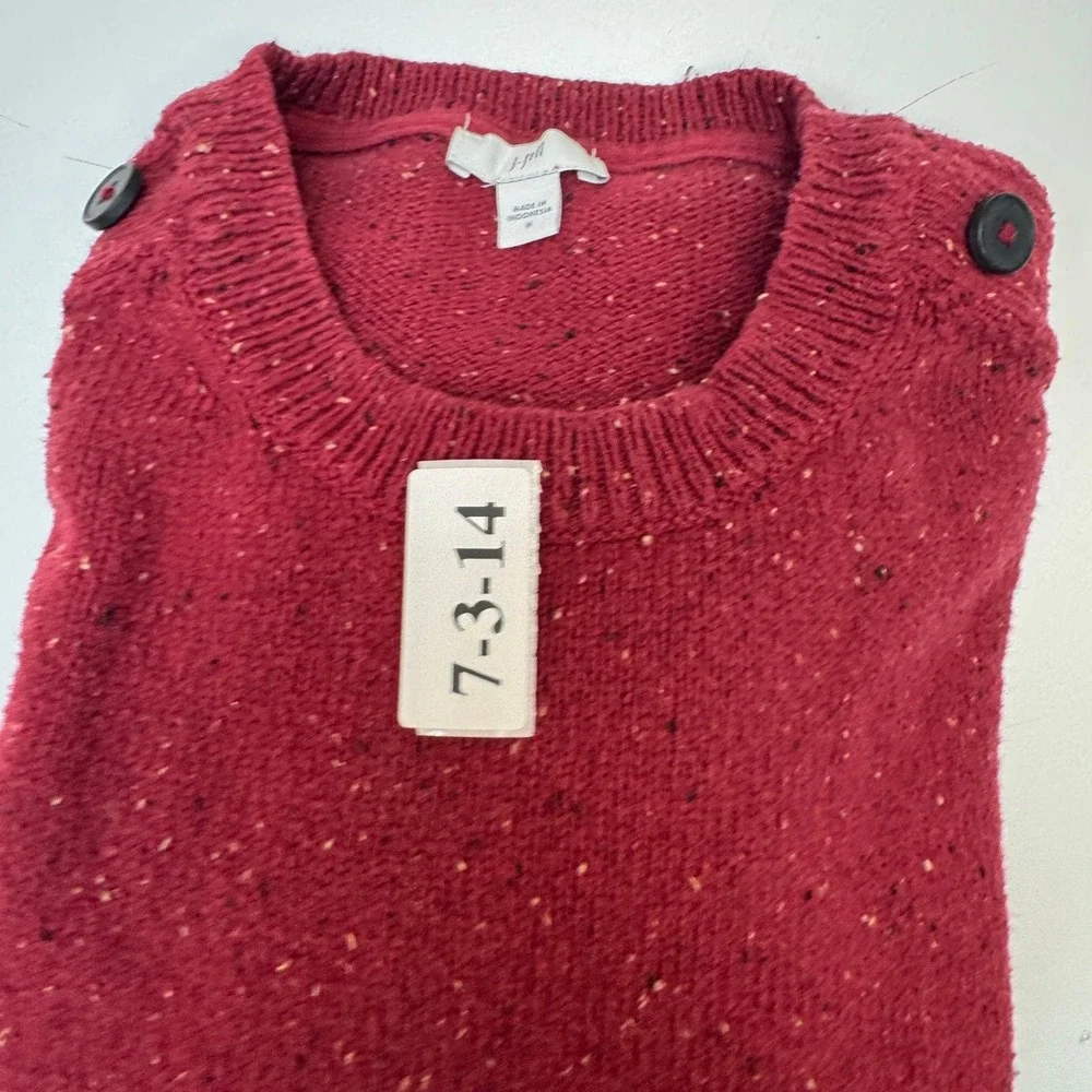 J Jill Sweater Womens Medium Red Speckled Knit Button Shoulder Academia Classic